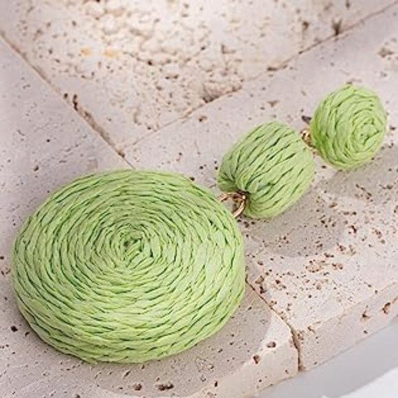 Big Mint Green Raffia Earrings Wicker Bold Vacation Statement Dangle 80s 90s New - Picture 2 of 6